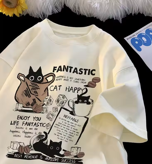 New Men Women T Shirt Pullover Oversize Korean version Cartoon Cat Group