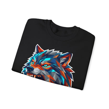 Geometric Wolf Head Crewneck Sweatshirt — Colorful Fierce Wolf Graphic