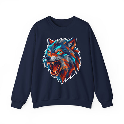 Geometric Wolf Head Crewneck Sweatshirt — Colorful Fierce Wolf Graphic