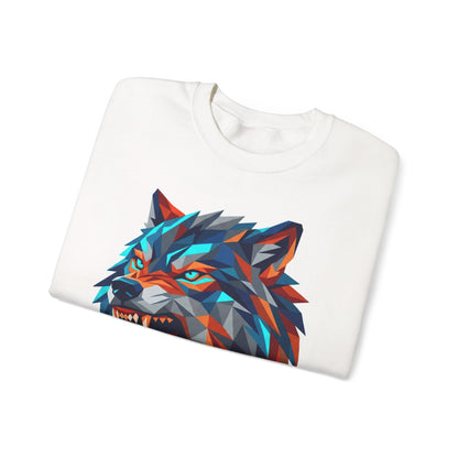 Geometric Wolf Head Crewneck Sweatshirt — Colorful Fierce Wolf Graphic