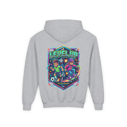 Youth Hoodie — Colorful Robot Front & "Level Up" Retro Gamer Back Design