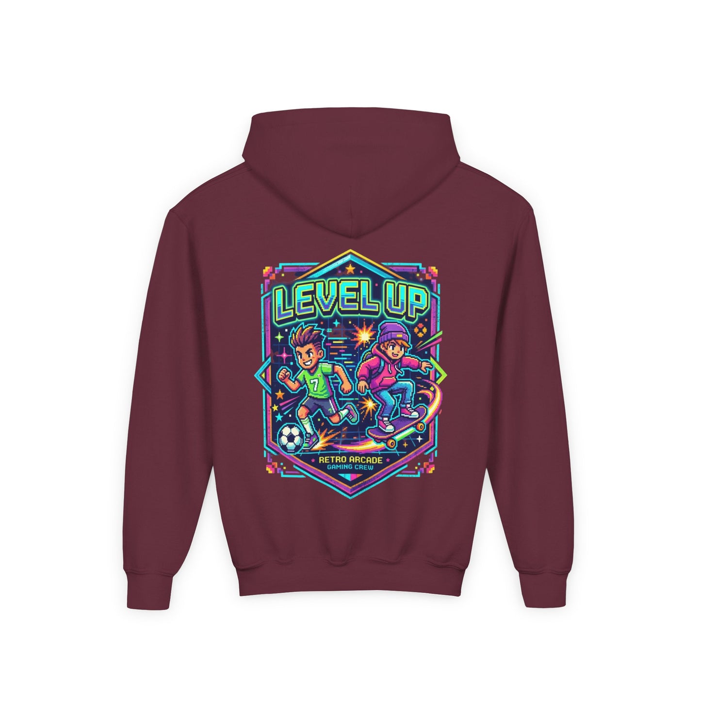 Youth Hoodie — Colorful Robot Front & "Level Up" Retro Gamer Back Design