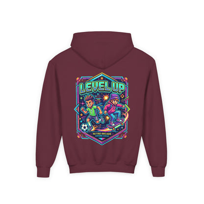 Youth Hoodie — Colorful Robot Front & "Level Up" Retro Gamer Back Design