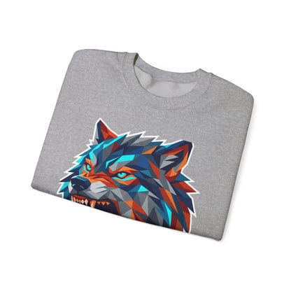 Geometric Wolf Head Crewneck Sweatshirt — Colorful Fierce Wolf Graphic