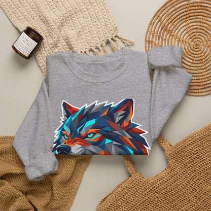 Geometric Wolf Head Crewneck Sweatshirt — Colorful Fierce Wolf Graphic