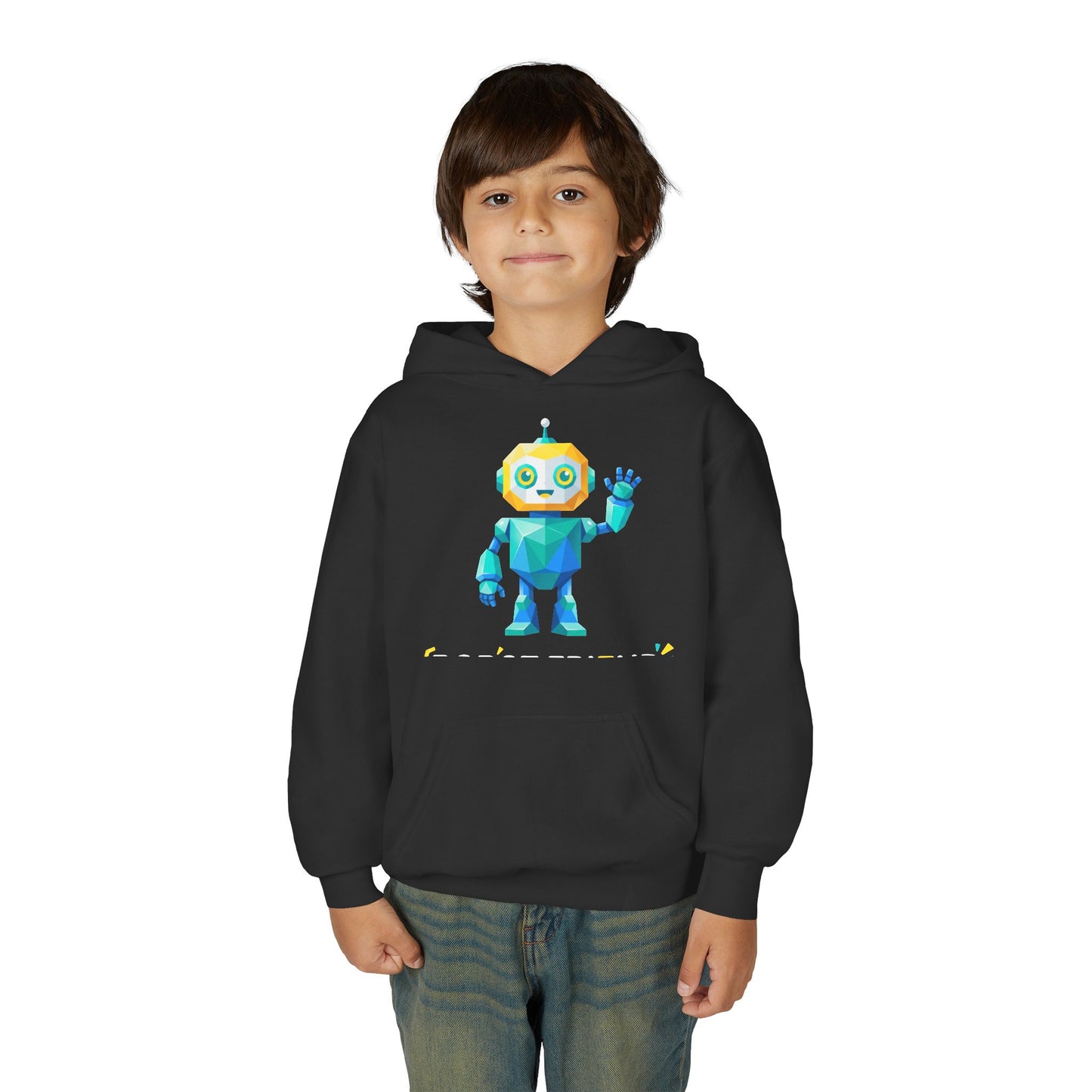 Youth Hoodie — Colorful Robot Front & "Level Up" Retro Gamer Back Design