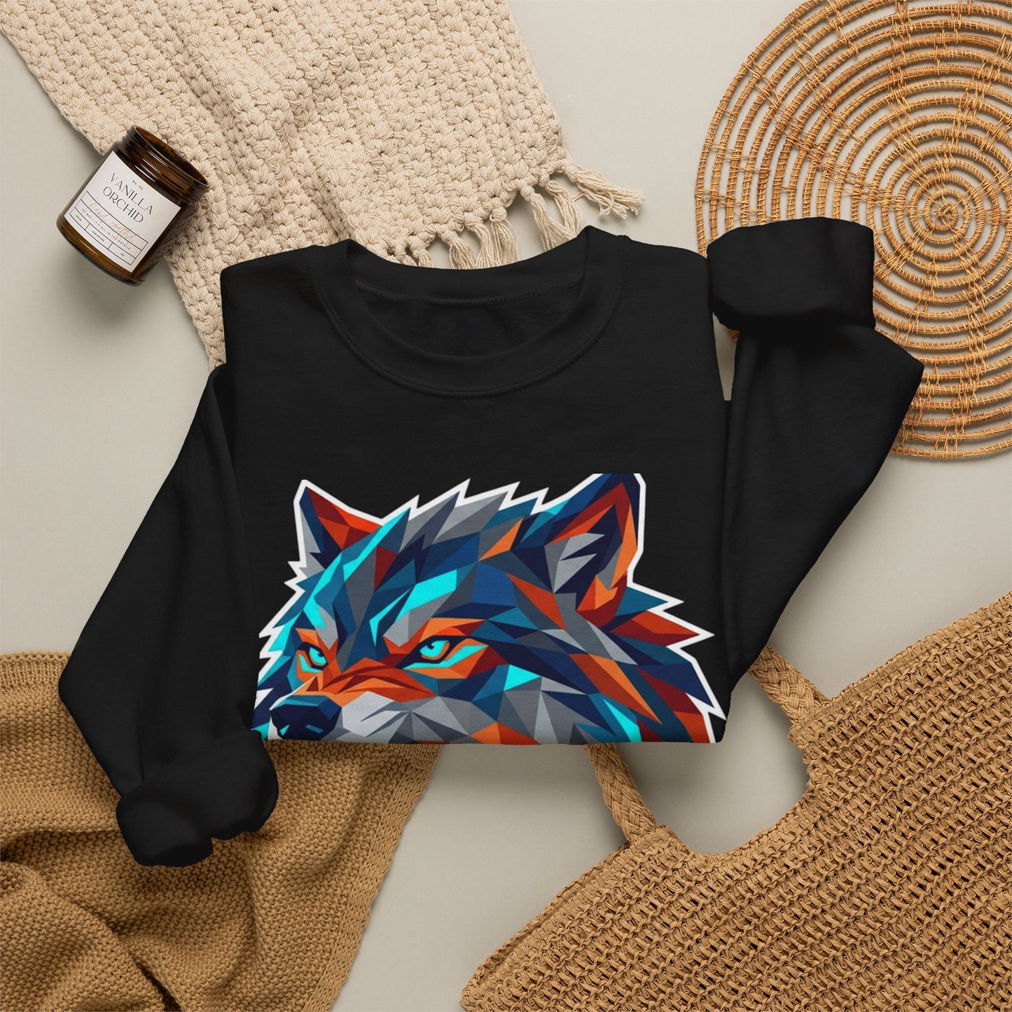 Geometric Wolf Head Crewneck Sweatshirt — Colorful Fierce Wolf Graphic