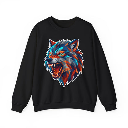 Geometric Wolf Head Crewneck Sweatshirt — Colorful Fierce Wolf Graphic