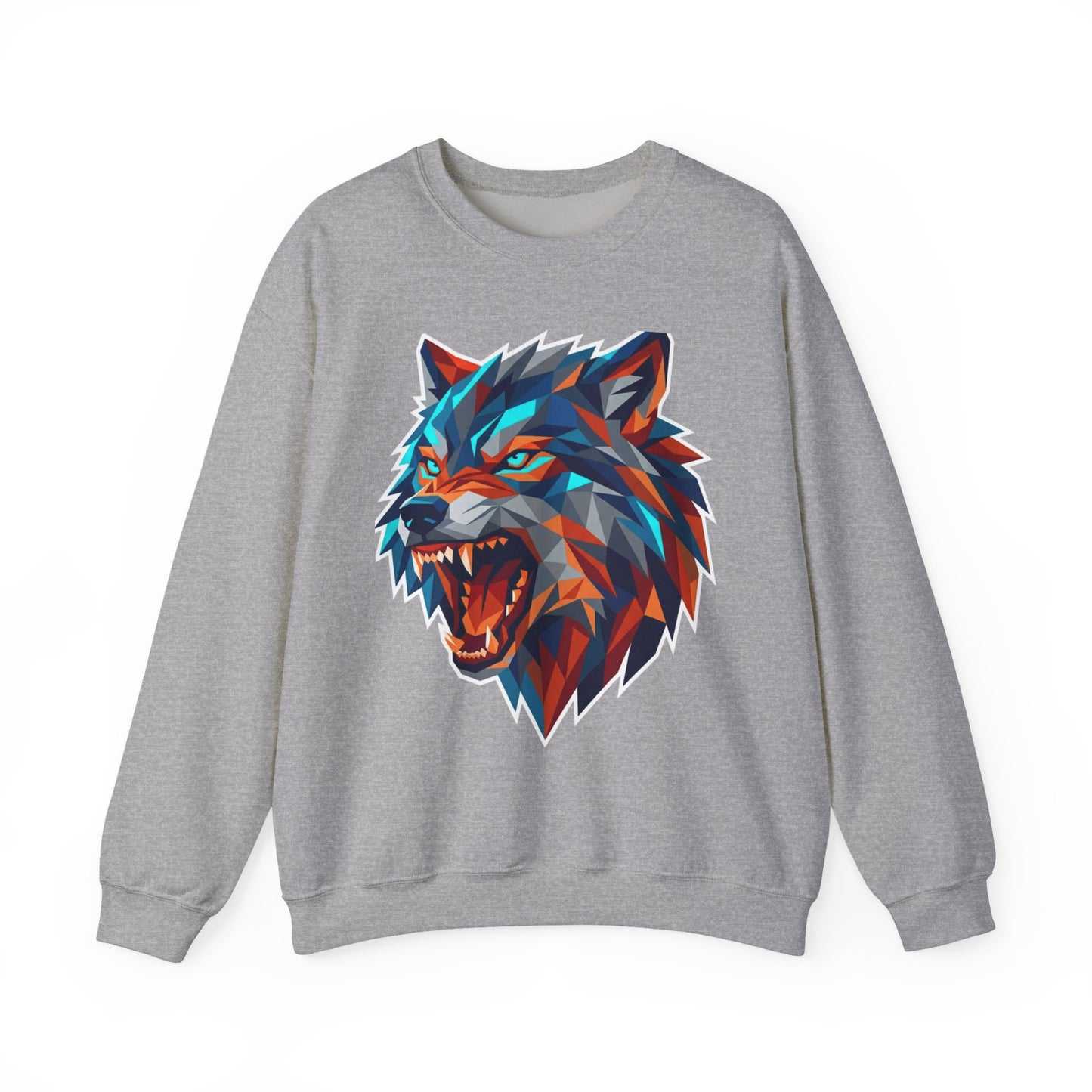 Geometric Wolf Head Crewneck Sweatshirt — Colorful Fierce Wolf Graphic