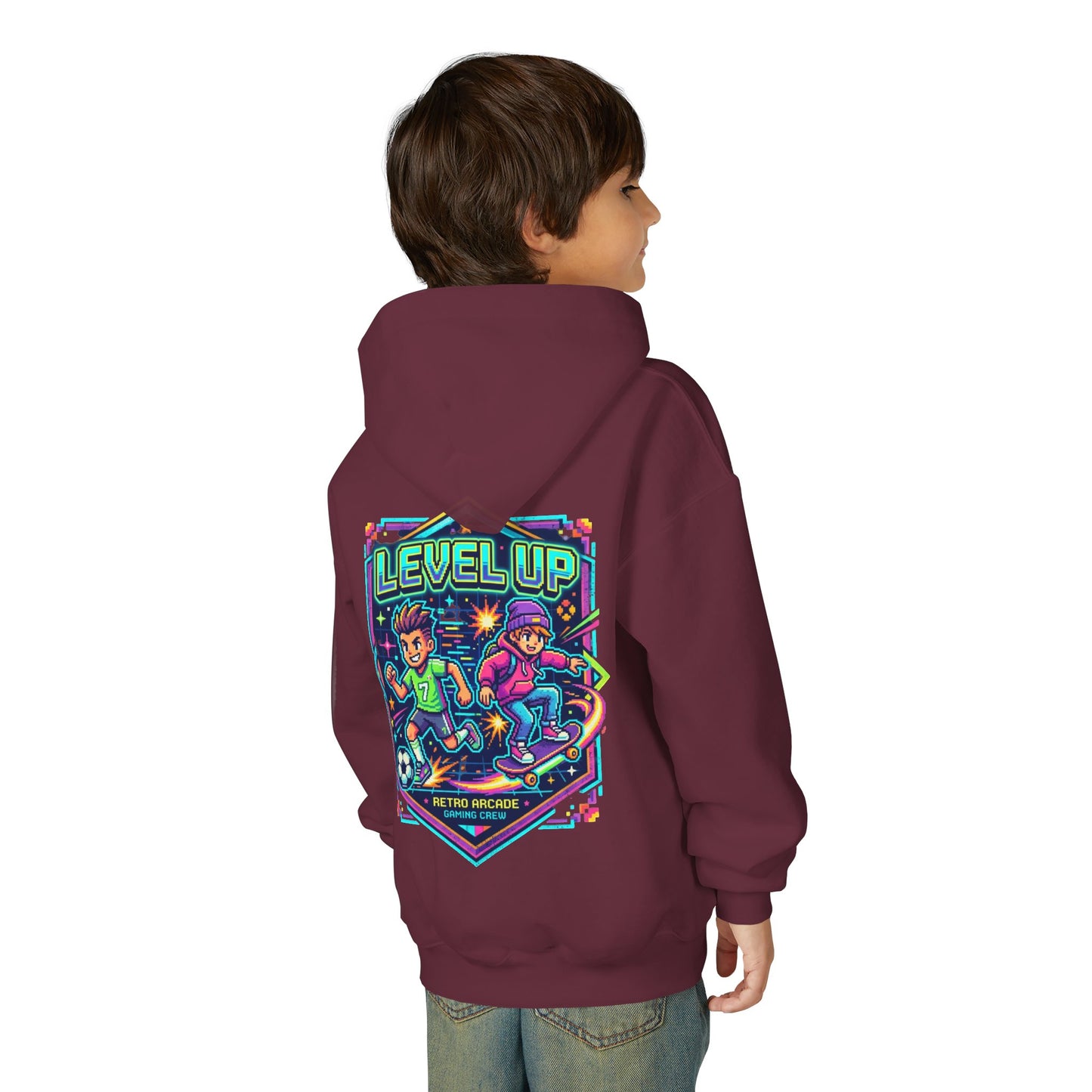 Youth Hoodie — Colorful Robot Front & "Level Up" Retro Gamer Back Design