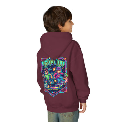 Youth Hoodie — Colorful Robot Front & "Level Up" Retro Gamer Back Design