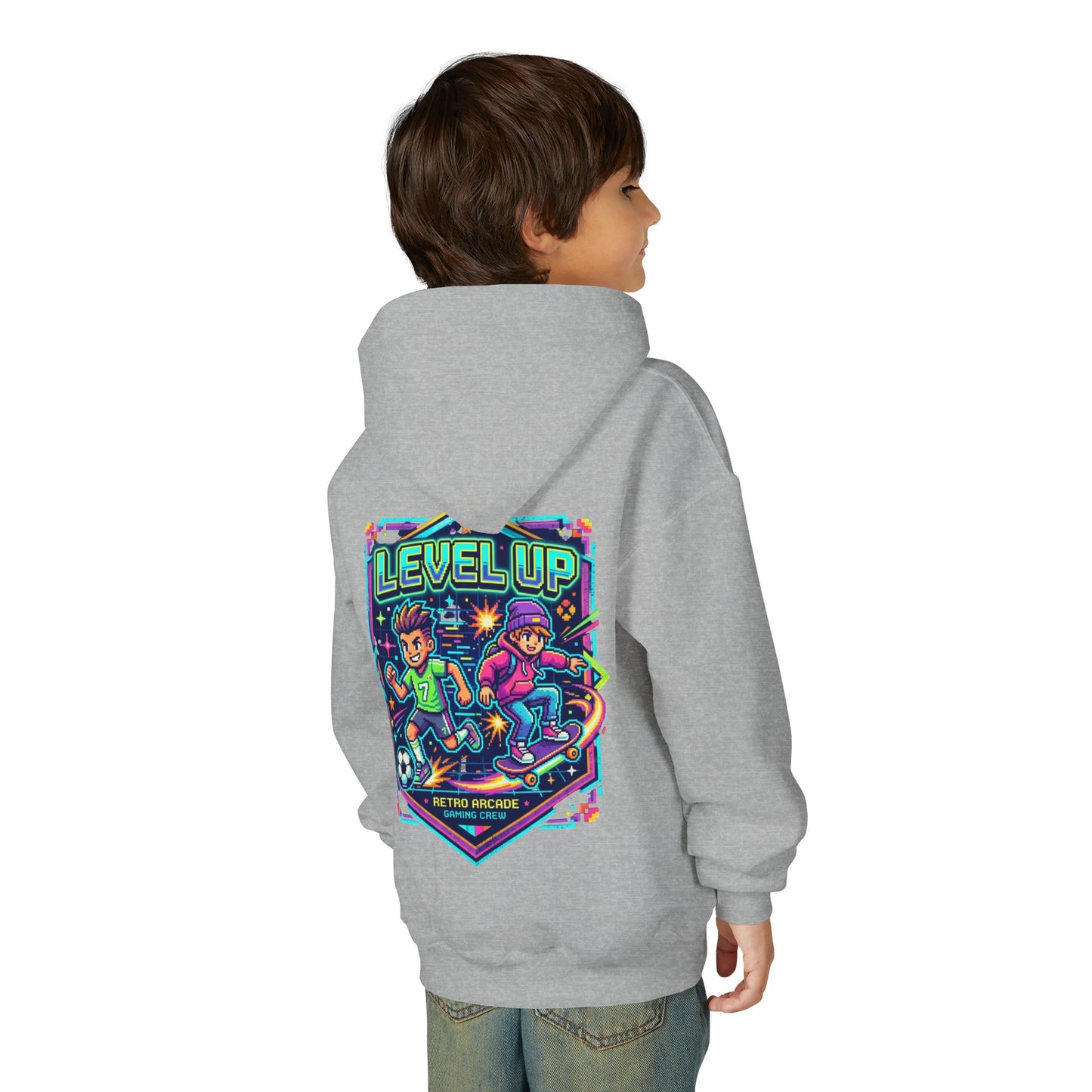 Youth Hoodie — Colorful Robot Front & "Level Up" Retro Gamer Back Design