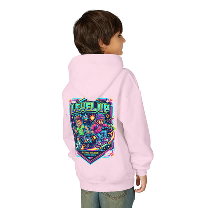 Youth Hoodie — Colorful Robot Front & "Level Up" Retro Gamer Back Design