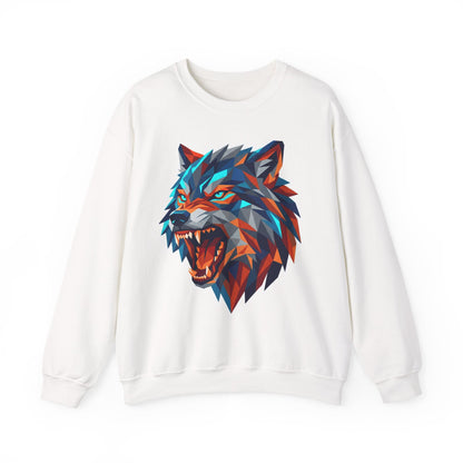 Geometric Wolf Head Crewneck Sweatshirt — Colorful Fierce Wolf Graphic