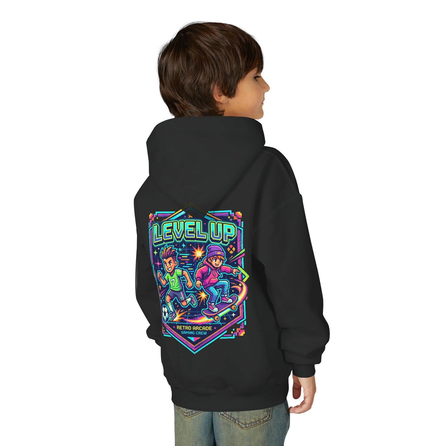 Youth Hoodie — Colorful Robot Front & "Level Up" Retro Gamer Back Design