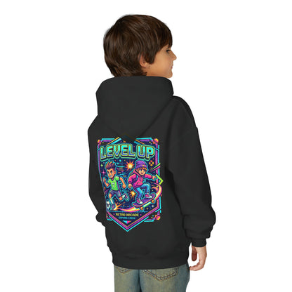Youth Hoodie — Colorful Robot Front & "Level Up" Retro Gamer Back Design