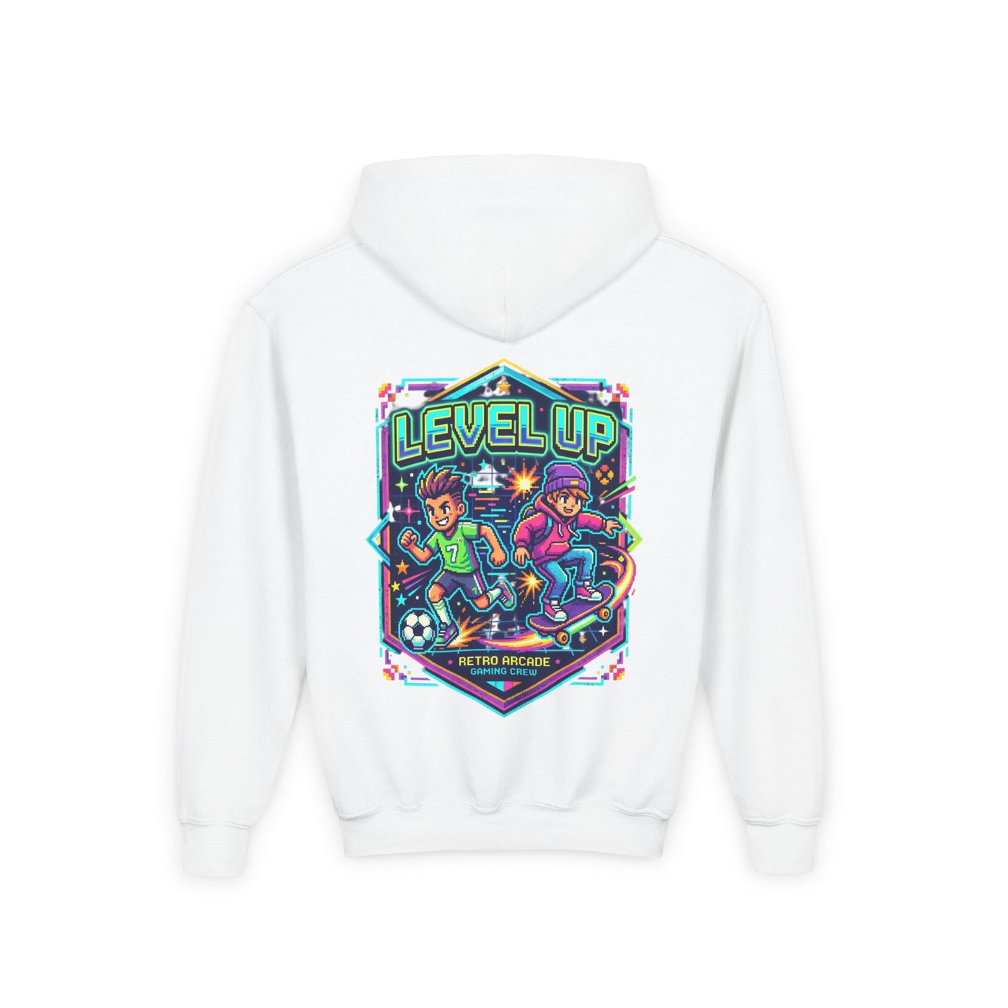 Youth Hoodie — Colorful Robot Front & "Level Up" Retro Gamer Back Design