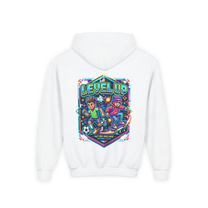 Youth Hoodie — Colorful Robot Front & "Level Up" Retro Gamer Back Design