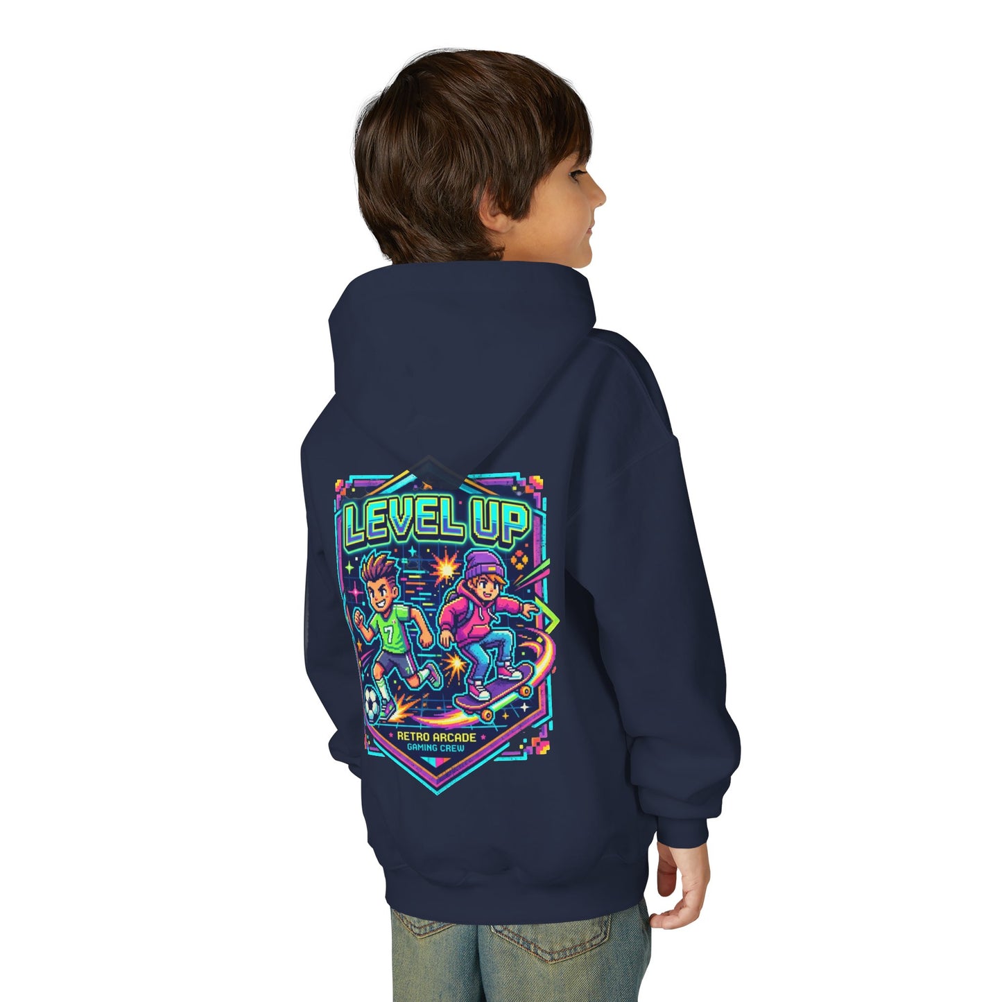 Youth Hoodie — Colorful Robot Front & "Level Up" Retro Gamer Back Design