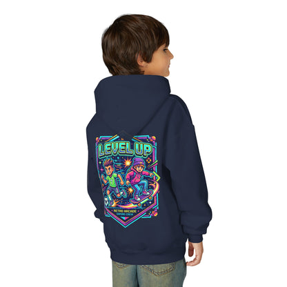 Youth Hoodie — Colorful Robot Front & "Level Up" Retro Gamer Back Design