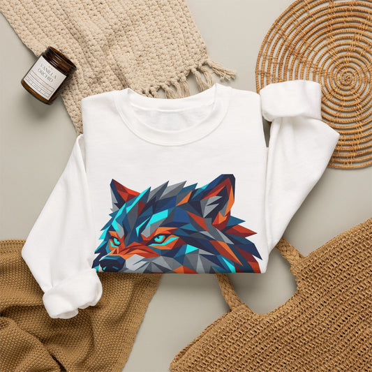 Geometric Wolf Head Crewneck Sweatshirt — Colorful Fierce Wolf Graphic