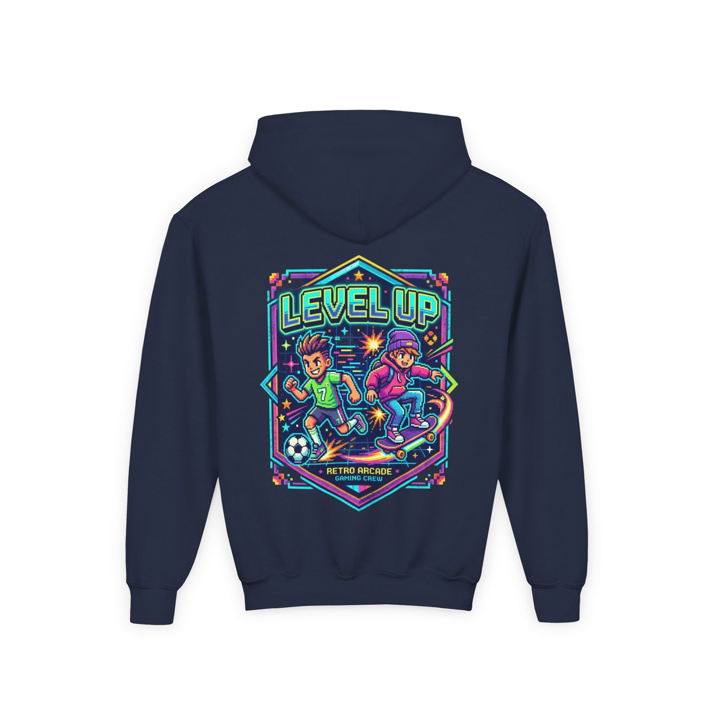 Youth Hoodie — Colorful Robot Front & "Level Up" Retro Gamer Back Design