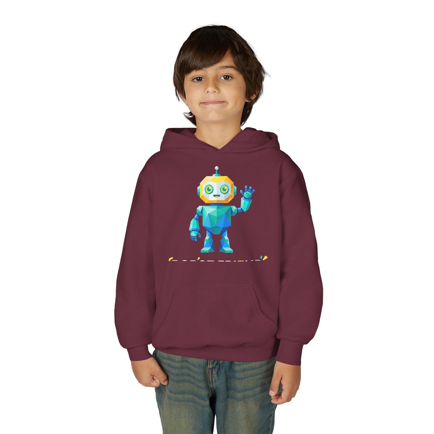 Youth Hoodie — Colorful Robot Front & "Level Up" Retro Gamer Back Design