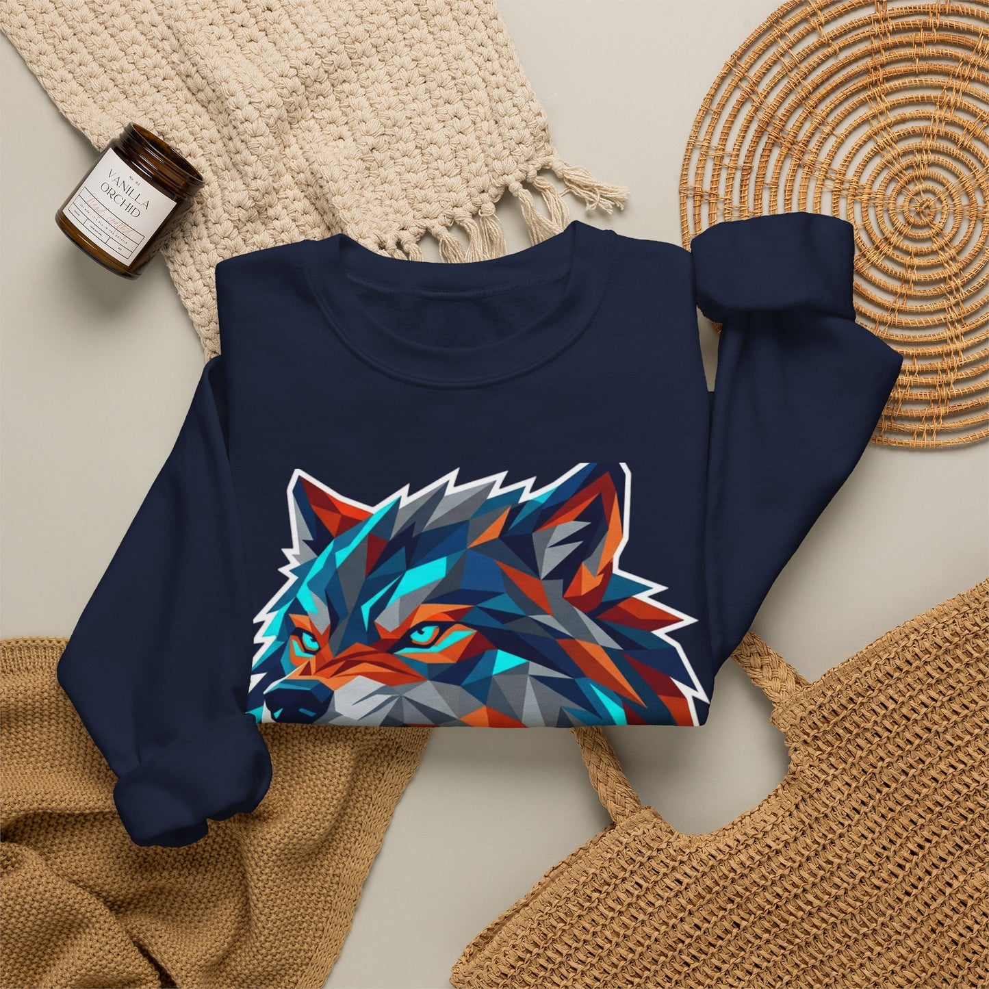 Geometric Wolf Head Crewneck Sweatshirt — Colorful Fierce Wolf Graphic