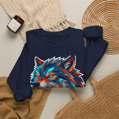 Geometric Wolf Head Crewneck Sweatshirt — Colorful Fierce Wolf Graphic