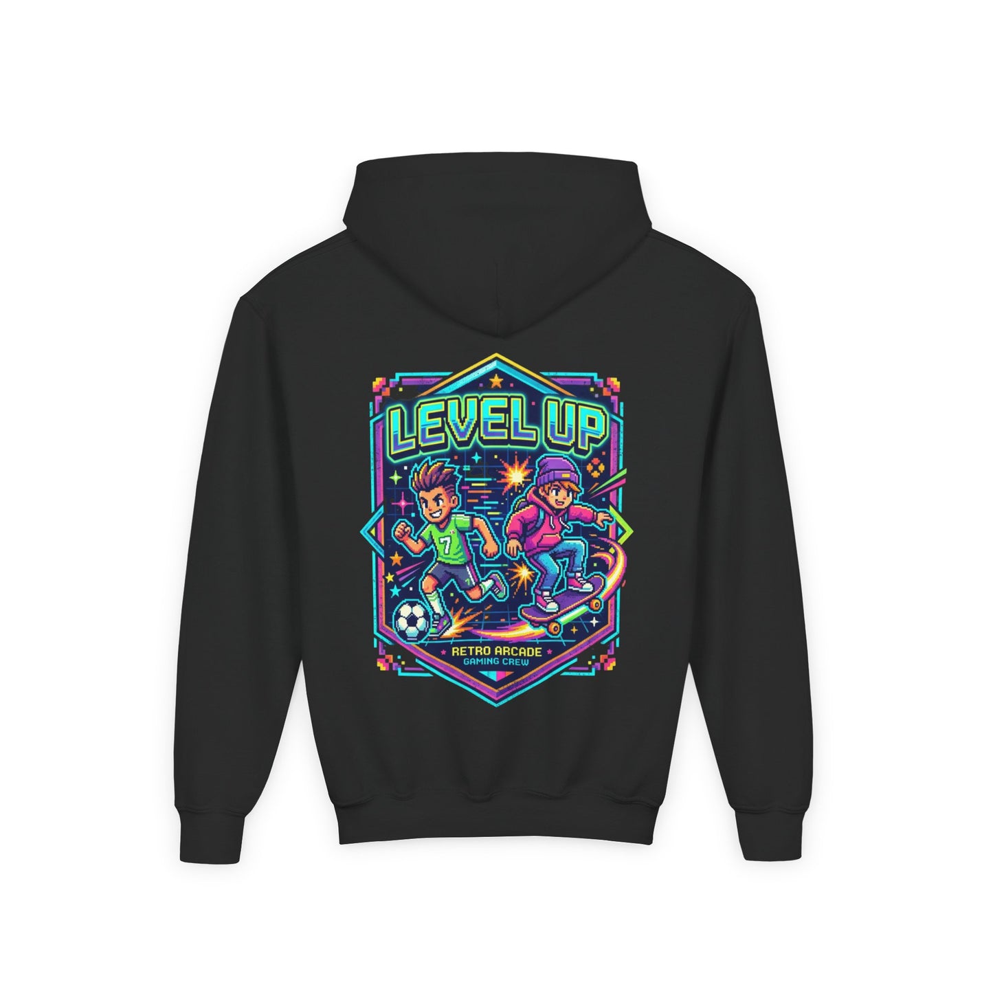Youth Hoodie — Colorful Robot Front & "Level Up" Retro Gamer Back Design