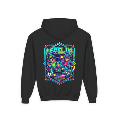 Youth Hoodie — Colorful Robot Front & "Level Up" Retro Gamer Back Design