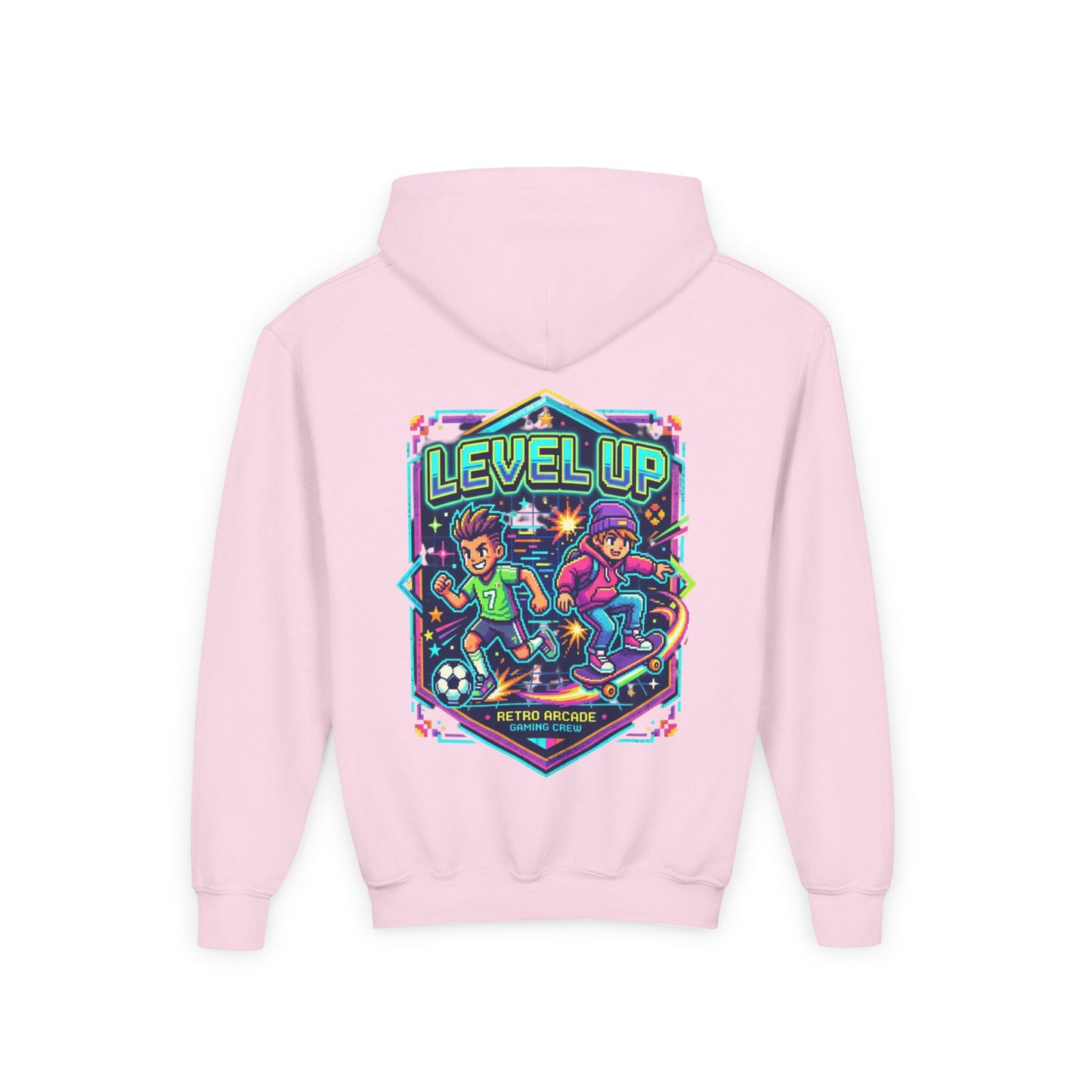 Youth Hoodie — Colorful Robot Front & "Level Up" Retro Gamer Back Design