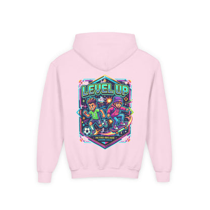 Youth Hoodie — Colorful Robot Front & "Level Up" Retro Gamer Back Design