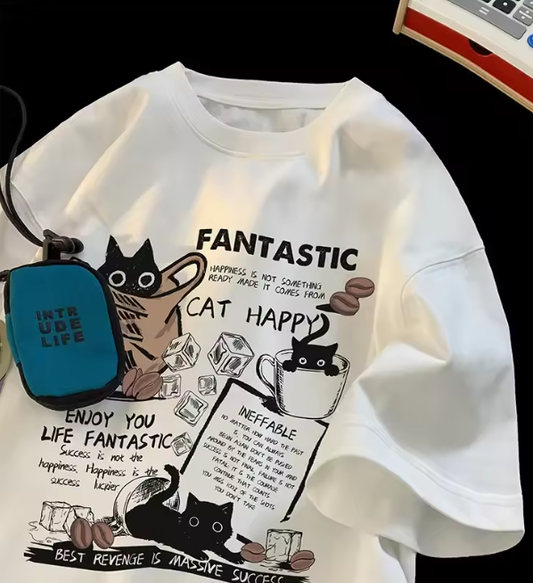 New Men Women T Shirt Pullover Oversize Korean version Cartoon Cat Group