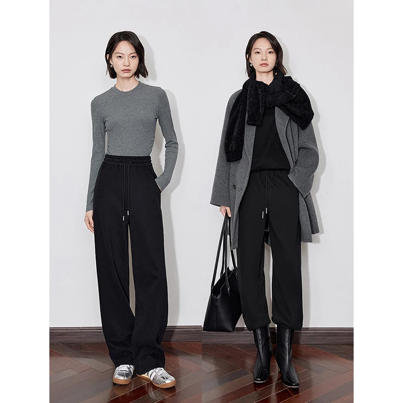 TOYOUTH Women Fleece Casual Pants 2026 Autumn Winter New Drawstring Elastic Waist Warm Straight Wide Leg Black Banana Pants