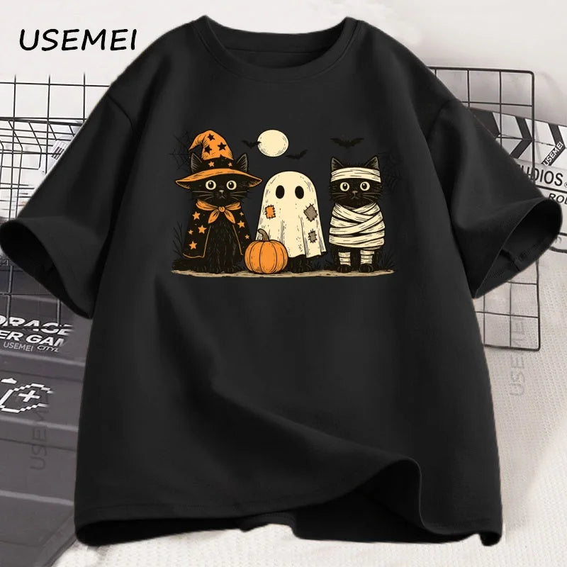 Black Cat Pumpkin Tshirt Ghots Gothic Fall Cat Mama T Shirt Halloween Spooky Season Pritned T-shirt Unisex Cotton Short Sleeve