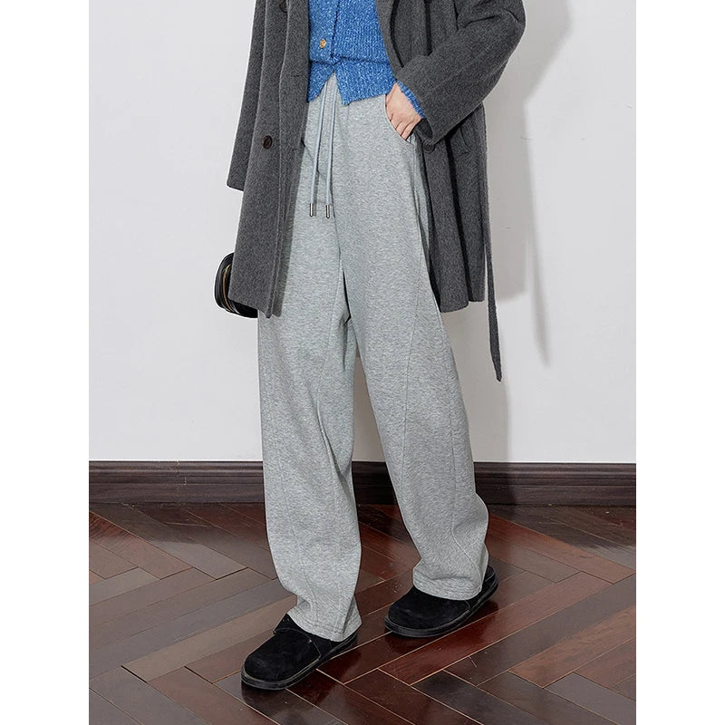 TOYOUTH Women Fleece Casual Pants 2026 Autumn Winter New Drawstring Elastic Waist Warm Straight Wide Leg Black Banana Pants
