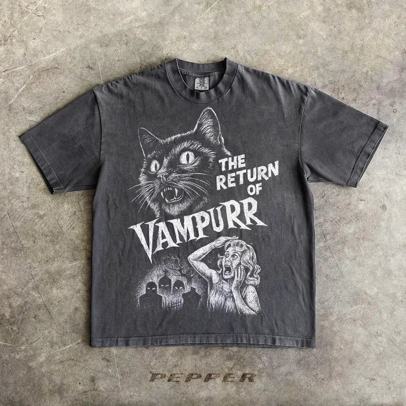 Retro Bloodsucking Cat Halloween T-shirt, Unisex Fun T-shirt, Men's T-shirt, Summer New Item Suitable for Both Men and Women