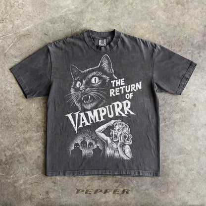 Retro Bloodsucking Cat Halloween T-shirt, Unisex Fun T-shirt, Men's T-shirt, Summer New Item Suitable for Both Men and Women