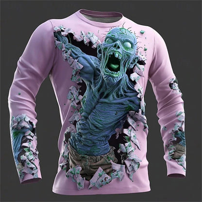 New Men's 3D Horror Skull T-shirt Retro Long-sleeved Round-neck Top Men's Fashionable Halloween Abstract Street Casual Wear