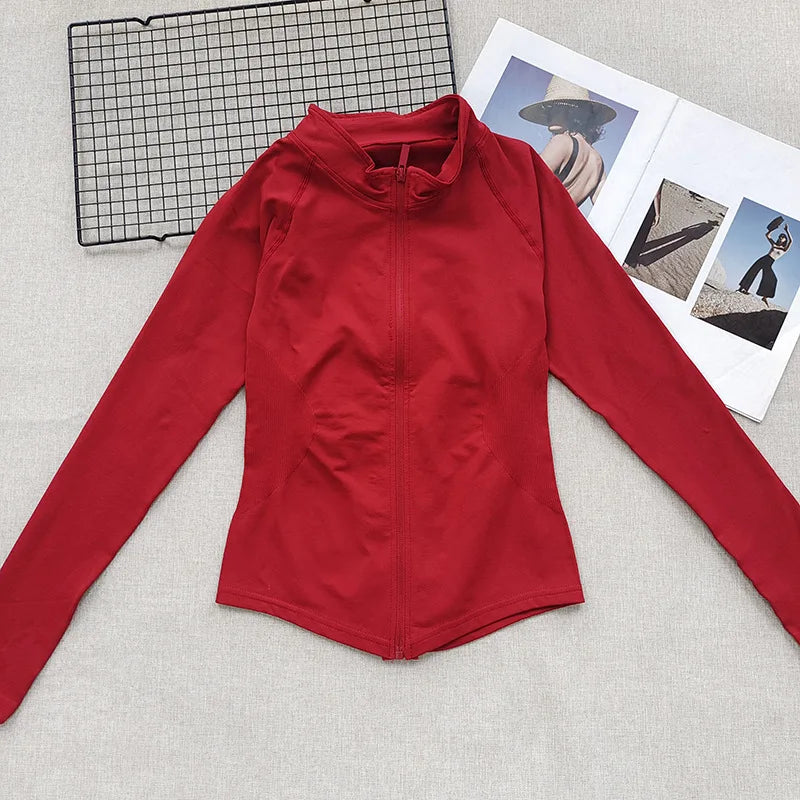 Women's Stand Collar Seamless Workout Jacket - Slim Fit Zip Front Yoga Gym Training Top