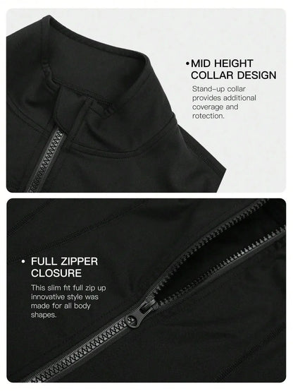 Stand Collar FULL Zipper Sports Long Sleeve Sweatshirt With Thumbholes Fall SweatshirtsPlus Size Sports Top, Women's Plus Zip Up