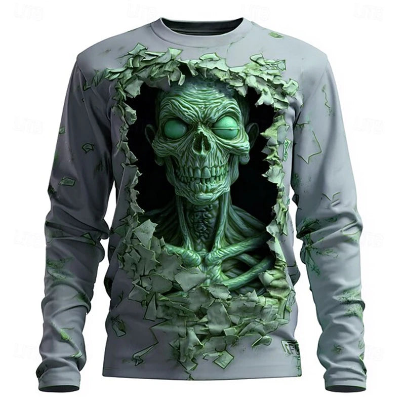 New Men's 3D Horror Skull T-shirt Retro Long-sleeved Round-neck Top Men's Fashionable Halloween Abstract Street Casual Wear