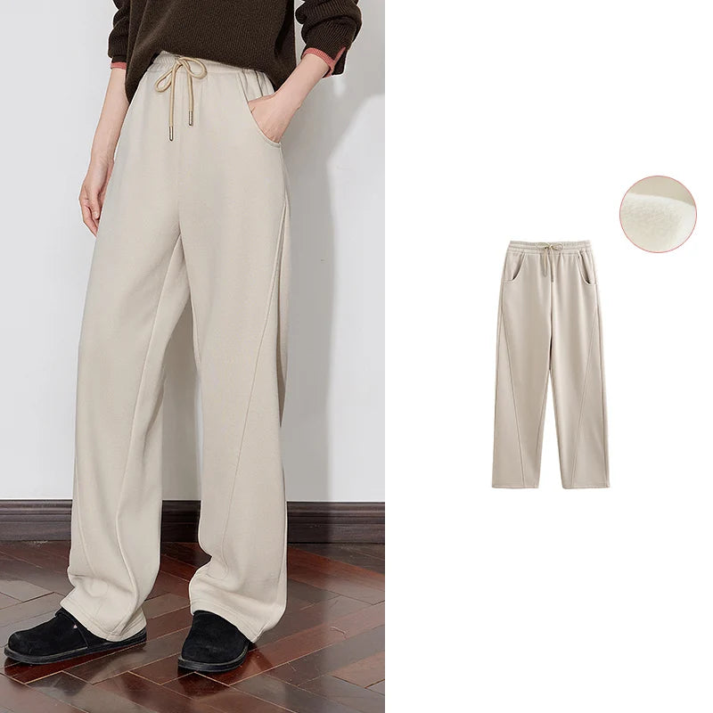 TOYOUTH Women Fleece Casual Pants 2026 Autumn Winter New Drawstring Elastic Waist Warm Straight Wide Leg Black Banana Pants