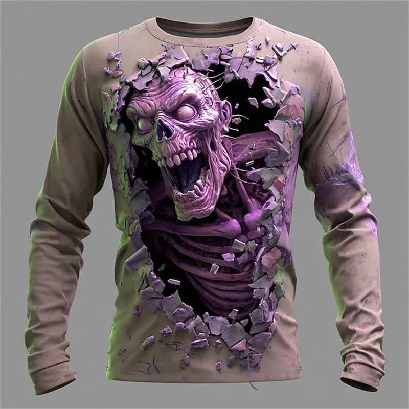 New Men's 3D Horror Skull T-shirt Retro Long-sleeved Round-neck Top Men's Fashionable Halloween Abstract Street Casual Wear