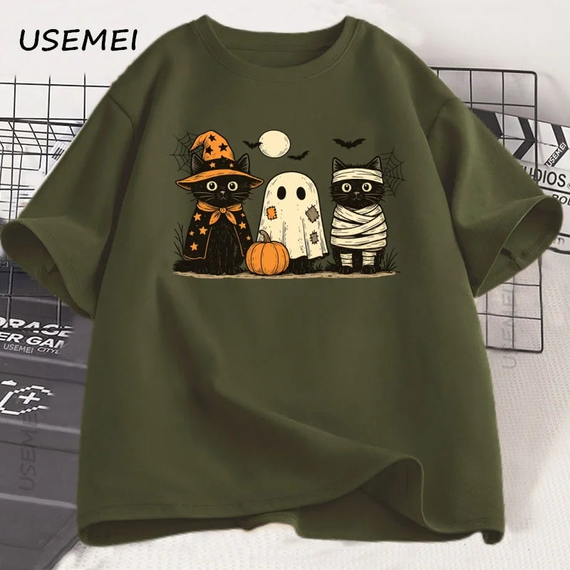 Black Cat Pumpkin Tshirt Ghots Gothic Fall Cat Mama T Shirt Halloween Spooky Season Pritned T-shirt Unisex Cotton Short Sleeve