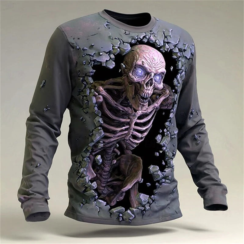 New Men's 3D Horror Skull T-shirt Retro Long-sleeved Round-neck Top Men's Fashionable Halloween Abstract Street Casual Wear