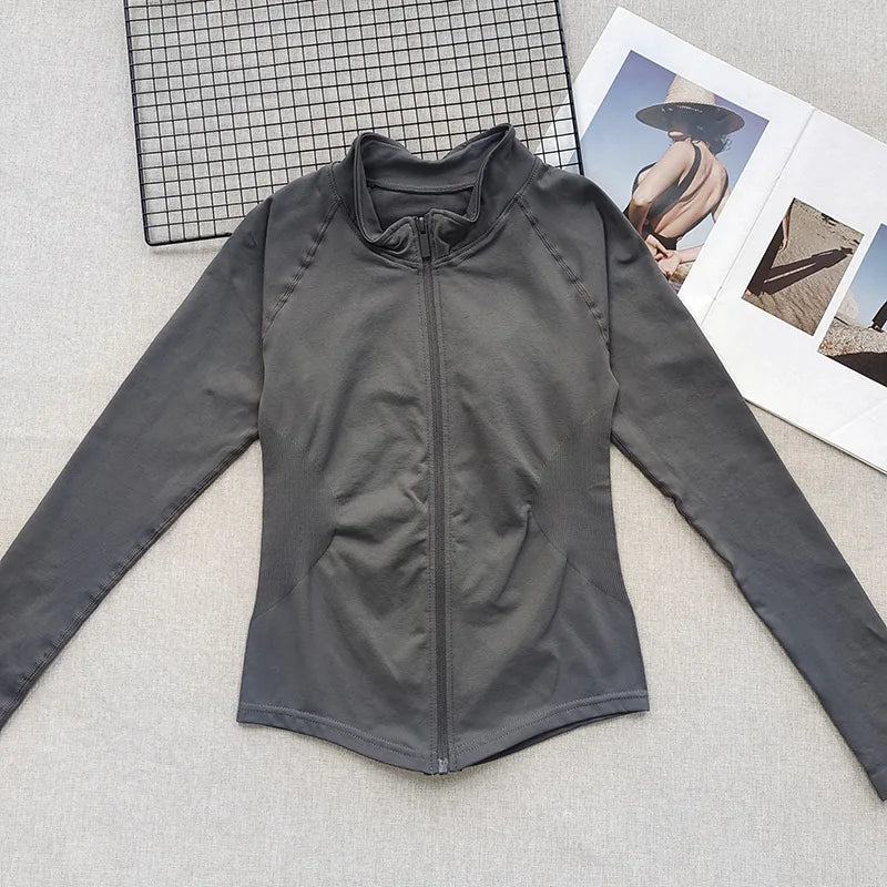 Women's Stand Collar Seamless Workout Jacket - Slim Fit Zip Front Yoga Gym Training Top