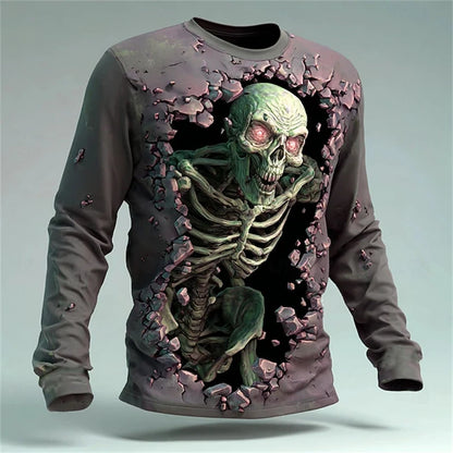 New Men's 3D Horror Skull T-shirt Retro Long-sleeved Round-neck Top Men's Fashionable Halloween Abstract Street Casual Wear