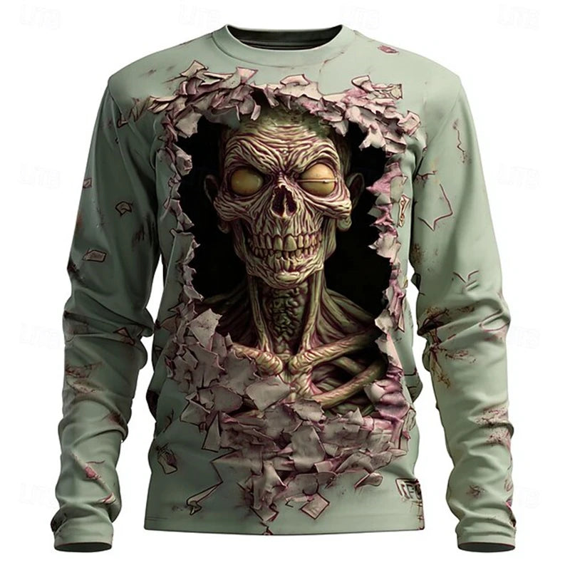New Men's 3D Horror Skull T-shirt Retro Long-sleeved Round-neck Top Men's Fashionable Halloween Abstract Street Casual Wear